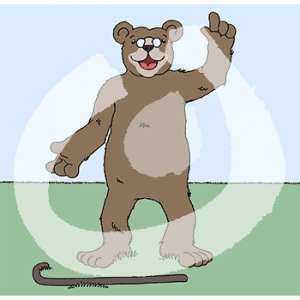 Ein fröhlicher Bär mit Monokel streckt einen Finger in die Luft. Vor ihm liegt ein Gehstock.