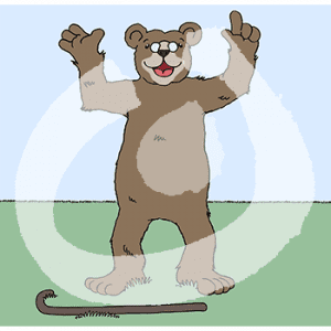 Ein Bär mit Monokel streckt beide Tatzen in die Luft. Vor ihm liegt ein Gehstock.