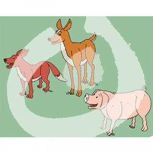 Ein Fuchs, ein Reh und ein Schwein stehen auf einer Wiese.