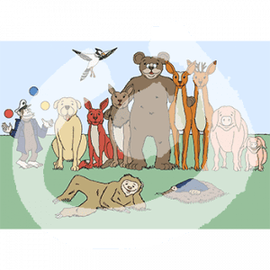 Unterschiedliche Tiere nebeneinander. Ein Affe in Polizeiuniform steht jonglierend neben einem Hund, einem Fuchs, einem Wolf, einem Bär, zwei Rehen und zwei Schweinen. Davor liegt ein Faultier und ein Maulwurf. Darüber fliegt ein Vogel.