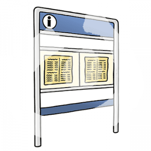 Eine Tafel mit einem i und Zetteln mit Schrift.