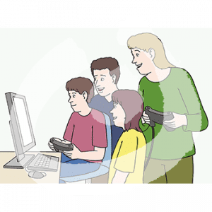 Zwei Erwachsene und zwei Kinder gucken auf den Bildschirm eines Computers. Ein Kind und eine Erwachsene haben einen Controller in der Hand.