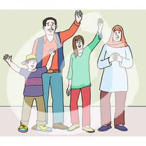 Eine Frau mit Hijab steht neben zwei winkenden Kindern und einem winkenden Mann.