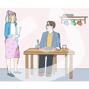 Eine Person sitzt an einem Tisch und hat einen Teller Essen vor sich. Sie guckt zu einer Fee mit Zauberstab in der Hand.