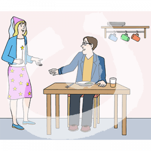 Eine Person sitzt an einem Tisch und hat einen Teller Essen vor sich. Sie hält eine Hand in Richtung einer Fee mit Zauberstab in der Hand.