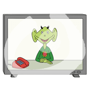 Ein Fernseher, auf dem Bildschirm ist ein grünes Männchen. Neben ihm steht ein Telefon.