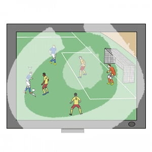 Ein Fernseher. Auf dem Bildschirm Personen in unterschiedlich farbenen Trikots vor einem Fußballtor.
