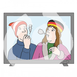 Ein Fernseher, auf dem Bildschirm sind zwei rauchende Personen.