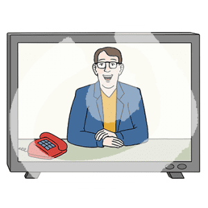 Ein Fernseher. Auf dem Bildschirm ist eine Person. Neben ihm steht ein Telefon.