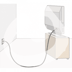 Ein Kabel zwischen einer Steckdose und der Rückseite eines Fernsehers.