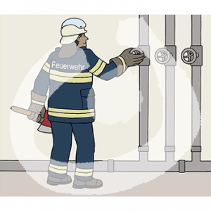 Eine Person in Feuerwehruniform steht mit einer Axt in der Hand vor drei Rohren mit Ventilen. Sie dreht an einem davon.