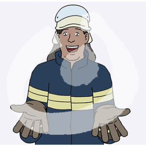 Portraitansicht einer fröhliche Person in Feuerwehruniform, Helm und Handschuhen. Sie hält die Handflächen nach vorne.