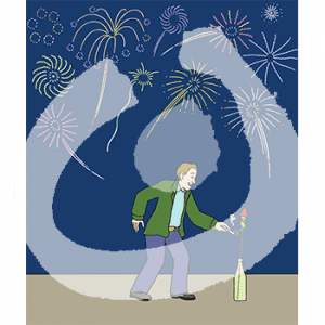 Eine Person zündet eine, in einer Flasche stehende Rakete mit einer Zigarette an. Am Himmel ist Feuerwerk.