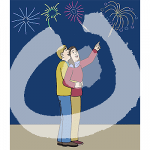 Eine Person umarmt eine andere Person von hinten. Beide gucken in den Himmel, eine zeigt auf das zu sehende Feuerwerk.