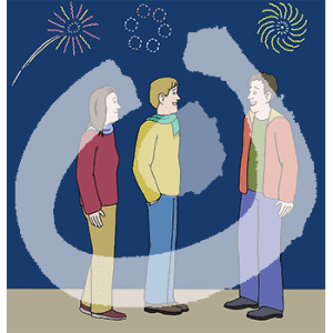 Drei Personen stehen sich gegenüber. Am Himmel ist Feuerwerk.