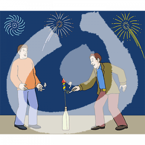 Eine Person zündet eine, in einer Flasche stehende Rakete mit einer Zigarette an, daneben steht eine weitere Person mit Zigarette. Am Himmel ist Feuerwerk.