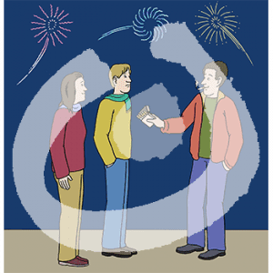 Eine rauchende Person hält zwei gegenüberstehenden Personen eine Schachter mit Zigaretten hin. Am Himmel ist Feuerwerk.