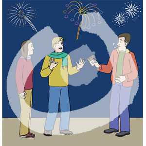 Eine erschrockene rauchende Person hält zwei gegenüberstehenden Personen eine Schachter mit Zigaretten hin. Eine Person hebt erschrocken die Hände. Am Himmel ist Feuerwerk.