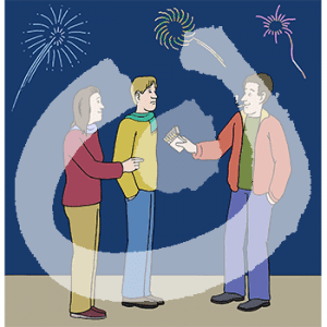 Eine rauchende Person hält zwei gegenüberstehenden Personen eine Schachter mit Zigaretten hin, eine Person greift danach. Am Himmel ist Feuerwerk.