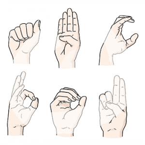Sechs Buchstaben des Fingeralphabets.