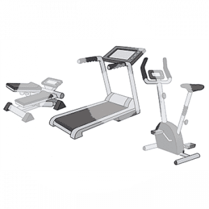 Ein Laufband, ein Standfahrrad und ein Stepper.