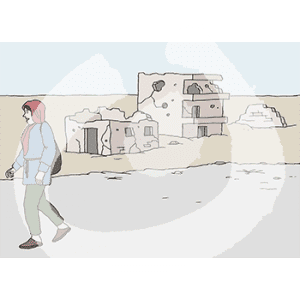 Eine Frau mit Hijab läuft auf einer Straße. Im Hintergrund sind zerstörte Häuser.