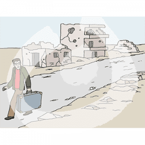 Ein ängstlicher Mann mit Koffer läuft auf einer Straße. Er dreht sich zu zerstörten Häusern um.