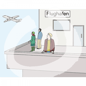 Drei Personen stehen auf einer Terrasse. Sie gucken in den Himmel zu einem Flugzeug. Auf dem Gebäude steht: Flughafen.
