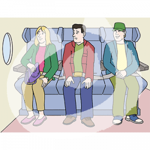 Eine ängstliche Person sitzt zwischen zwei Personen in einem Flugzeug.