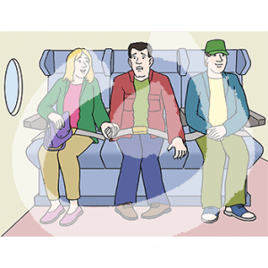 Eine ängstliche Person sitzt zwischen zwei Personen in einem Flugzeug. Eine der Personen hält ihre Hand.