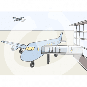 Vier Personen gehen aus einem Gebäude durch eine Fluggastbrücke in ein Flugzeug.