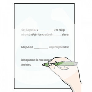 Eine Hand hält einen Stift über ein Formular mit Text und Lücken dazwischen.