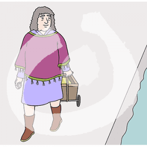 Eine Frau mit grauen Haaren zieht einen Bollerwagen.