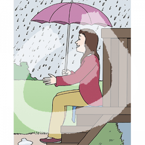 Eine Frau sitzt auf den Stufen einer Brücke mit Regenschirm im Regen.