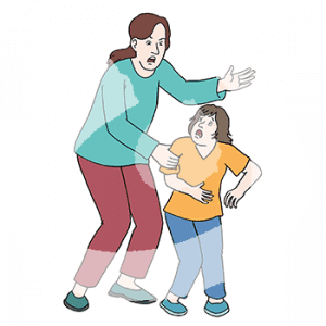 Eine wütende Frau steht vorgebeugt über einem ängstlichen Kind. Sie hält das Kind am Arm fest und hebt die Hand.