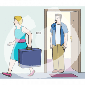 Ein trauriger Mann steht in einer Tür. Eine wütende Frau mit Koffer geht von ihm weg.