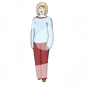 Eine blonde kurzhaarige Frau.