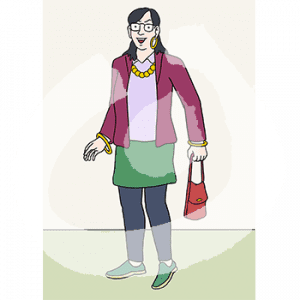 Eine schwarzhaarige Frau mit Brille und Schmuck.