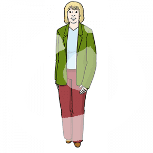 Eine blonde kurzhaarige Frau mit Blazer.