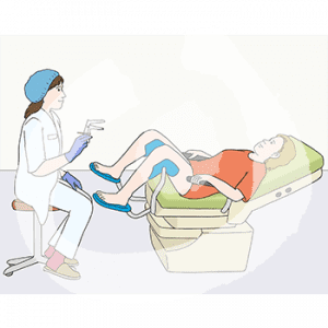 Eine Person mit weißem Kittel, Handschuhen, Haube und Spekulum in der Hand. Sie sitzt auf einem Stuhl vor einer Liege. Darauf liegt eine Person mit freiem Unterkörper und gespreizten Beinen auf einem Frauenarztstuhl.