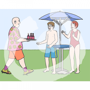 Eine Person mit Flaschen auf einem Tablett. Sie läuft zu zwei Personen in Badesachen, die unter einem Sonnenschirm stehen.