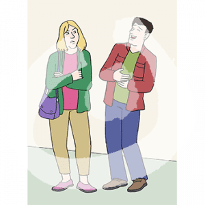 Eine wütende Person guckt zu einer lachenden Person. Diese hält sich den Bauch.