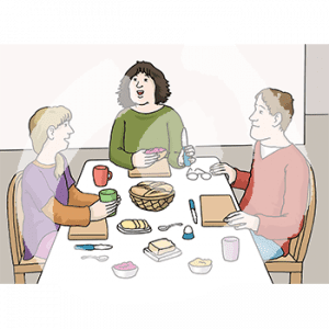 Drei Personen sitzen an einem gedeckten Frühstückstisch.