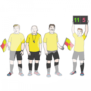 Vier Männer in Schiedsrichteruniformen. Zwei halten Linienrichterfahnen in der Hand. Einer hat eine Trillerpfeife um den Hals, der vierte hält eine Auswechseltafel hoch.