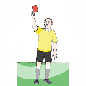 Ein Mann in Schiedsrichteruniform und Trillerpfeife im Mund zeigt eine rote Karte hoch.