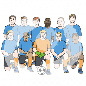 11 Männer in Fußballtrikots. Sechs stehen hinten und fünf knien davor mit einem Fußball in der Mitte.