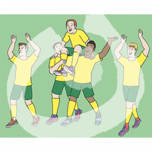 Sechs Männer in gelben Trikots. Zwei Männer strecken die Arme hoch. Dazwischen tragen zwei Männer einen dritten auf den Schultern.