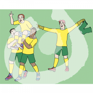 Vier Männer in gelben Trikots. Zwei Männer einen dritten ohne Hose auf den Schultern. Dahinter läuft der vierte mit seiner Hose in der Hand.