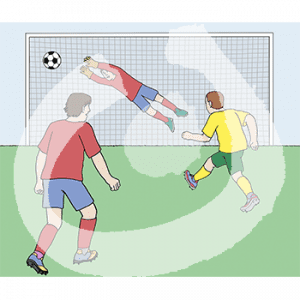 Ein Mann in gelben Fußballtrikot schießt einen Ball auf ein Tor. Dahinter steht ein Mann in rotem Trikot. Im Tor springt ein Mann in rotem Trikot und Handschuhen in Richtung Ball.