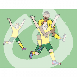 Ein fröhlicher Mann in gelbem Trikot rennt mit hochgerissenen Armen. Auf seinem Rücken ist ein weiterer Mann in gelbem Trikot. Dahinter läuft ein Mann in gelbem Trikot und streckt die Arme hoch.